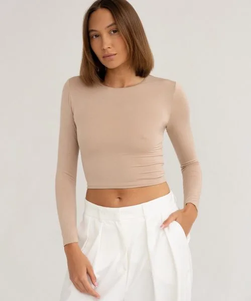 Crop Top z dzianiny beżowe
