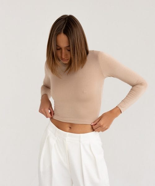 Crop Top z dzianiny beżowe